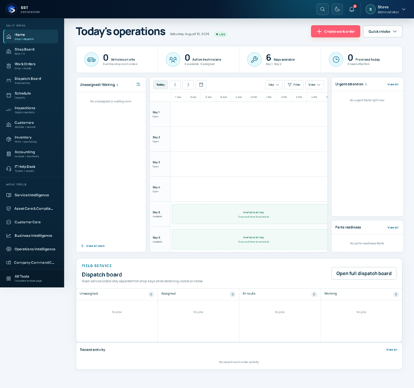 ServiceCore operations home displaying service-bay scheduling and field activity