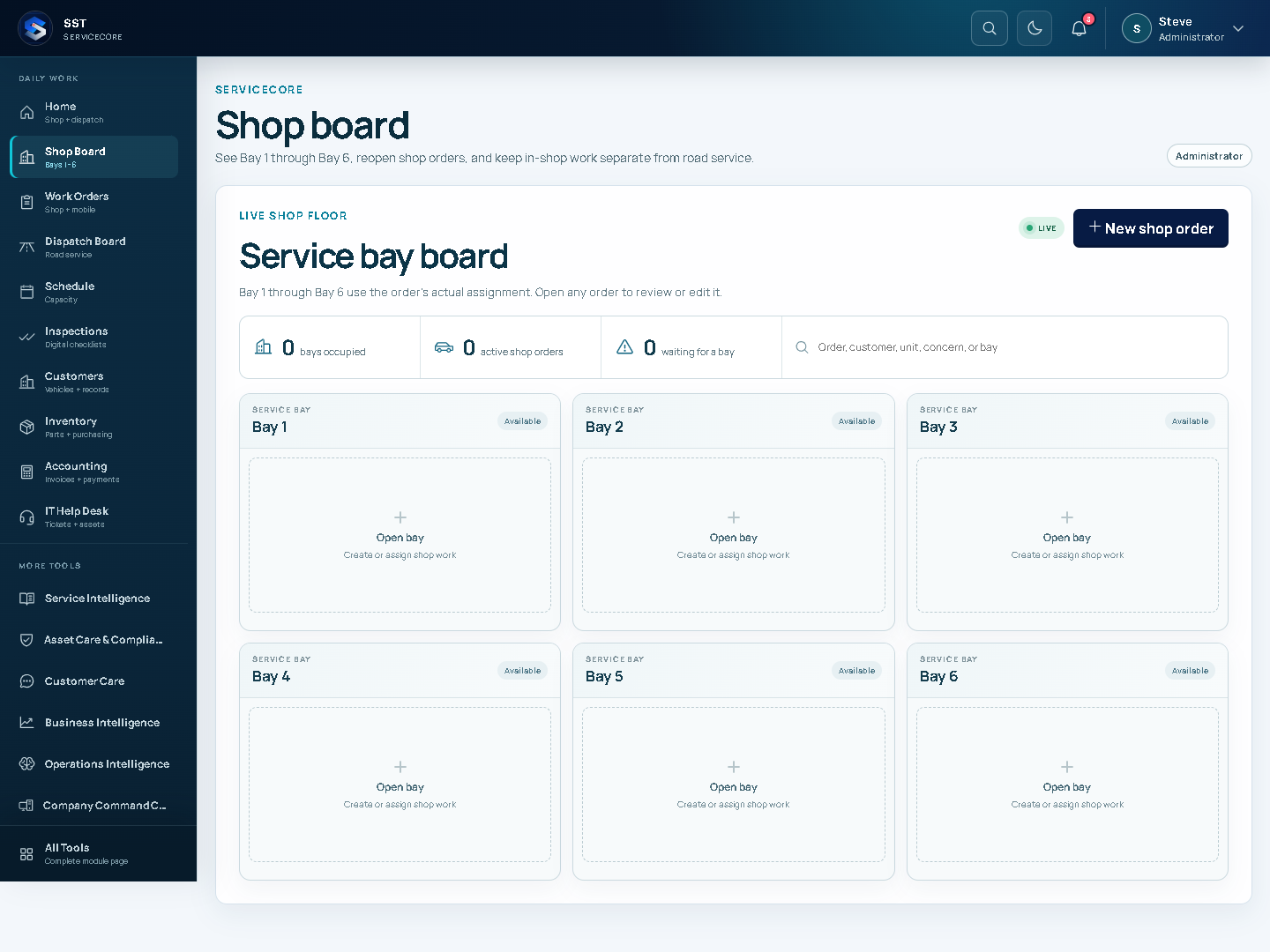 ServiceCore six-bay shop board with occupied and available bays